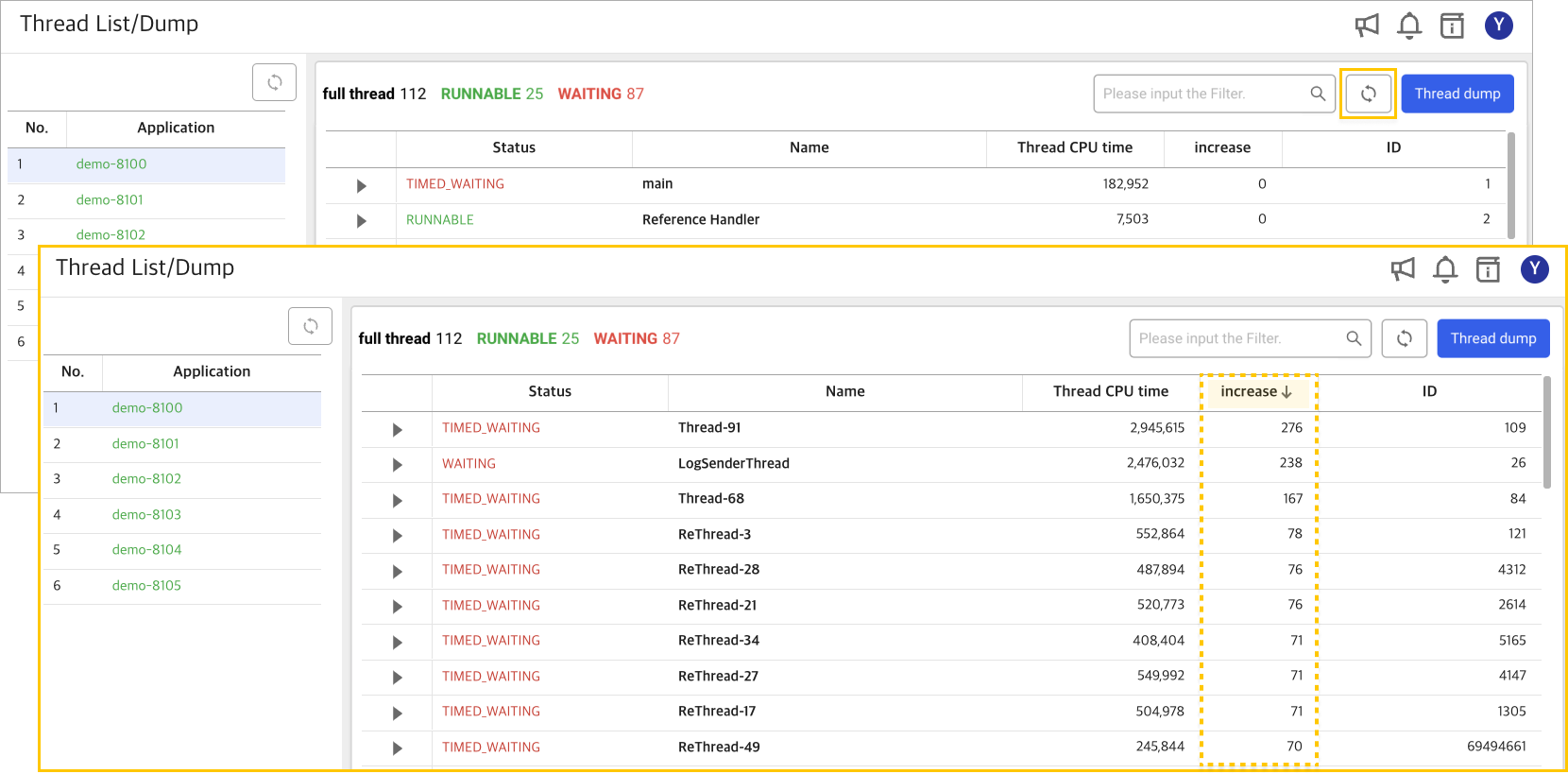 Thread List/Dump delta value