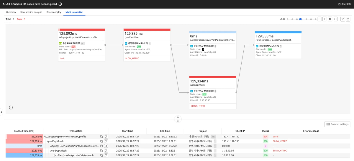 Browser AJAX analysis multi-transaction