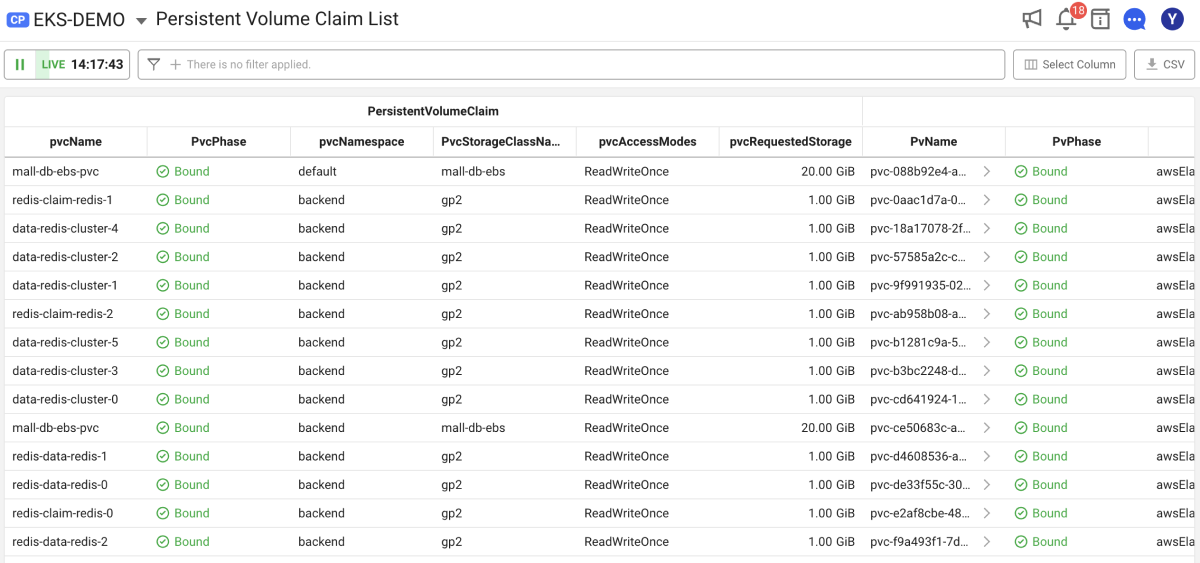 Persistent Volume Claim 목록