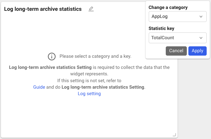 Log long-term archive statistics widget category and key selection