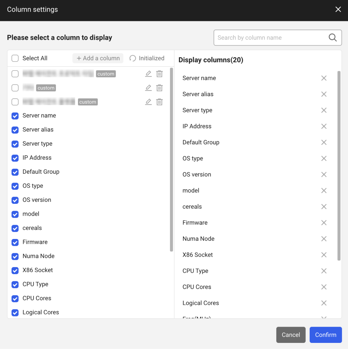 Server inventory column settings