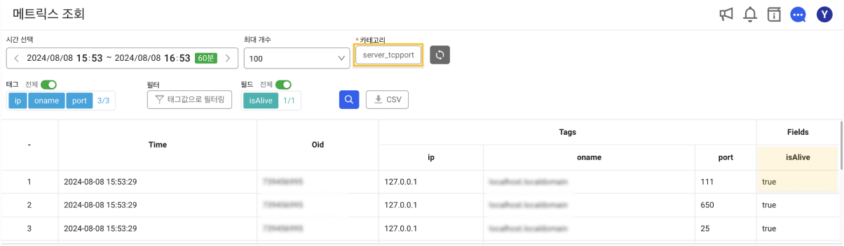 tcp 포트 감시 알림 관련 메트릭스 조회