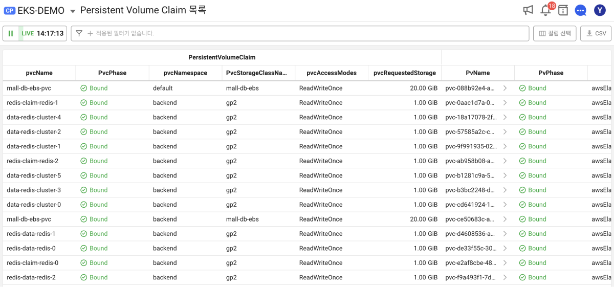 Persistent Volume Claim 목록